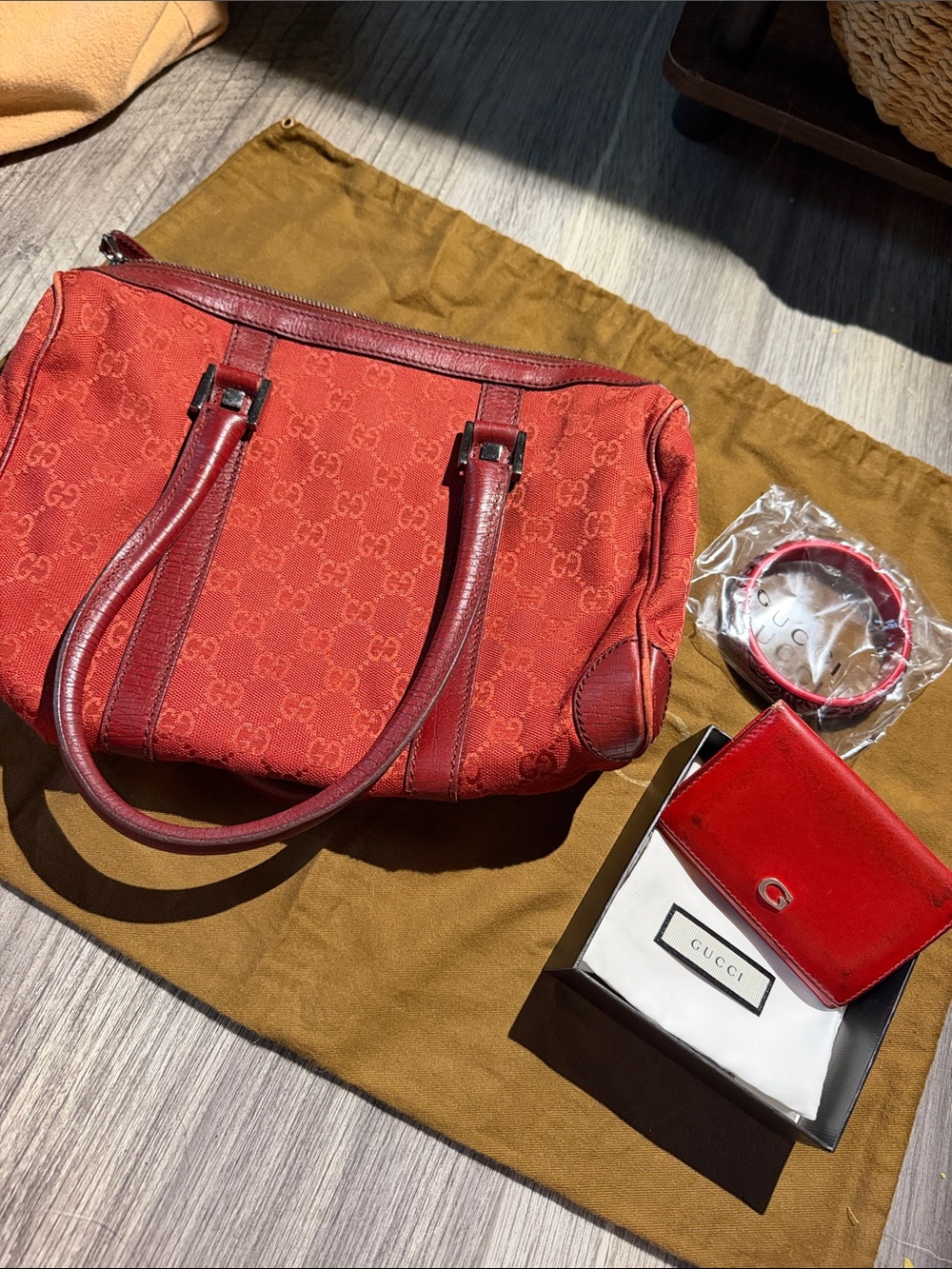 Gucci Red GG Canvas Shoulder Bag with Leather Trim Set